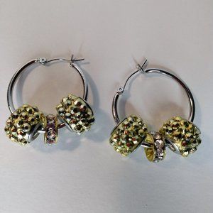 Gold Crystal Metal Lined Beaded Silver Hoop Statement Dangle Drop Earrings